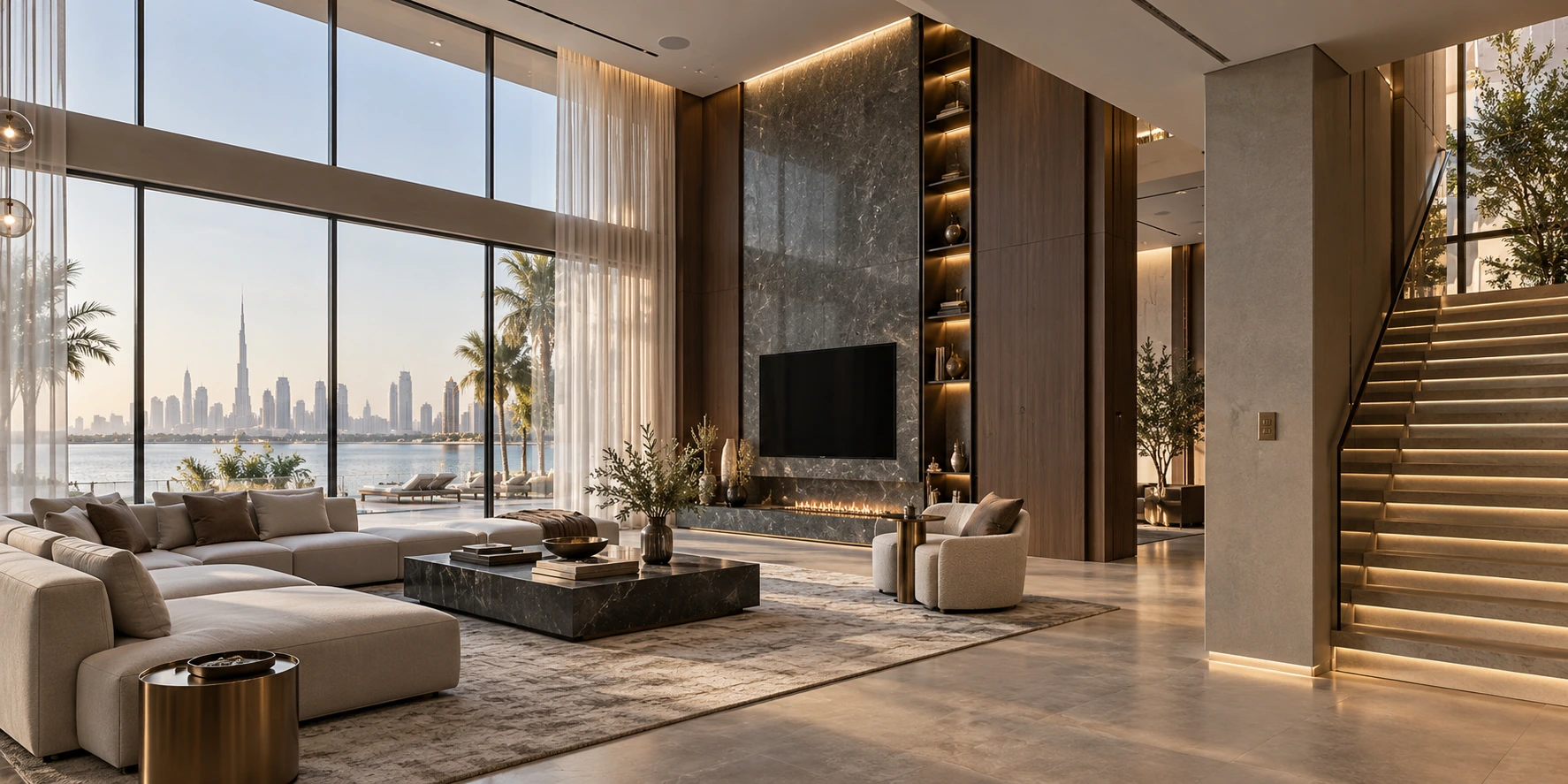 Concept of a Dubai home with integrated lighting, curtains and entertainment