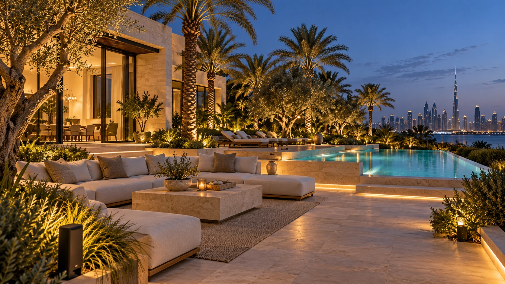 Landscape lighting and an outdoor lounge